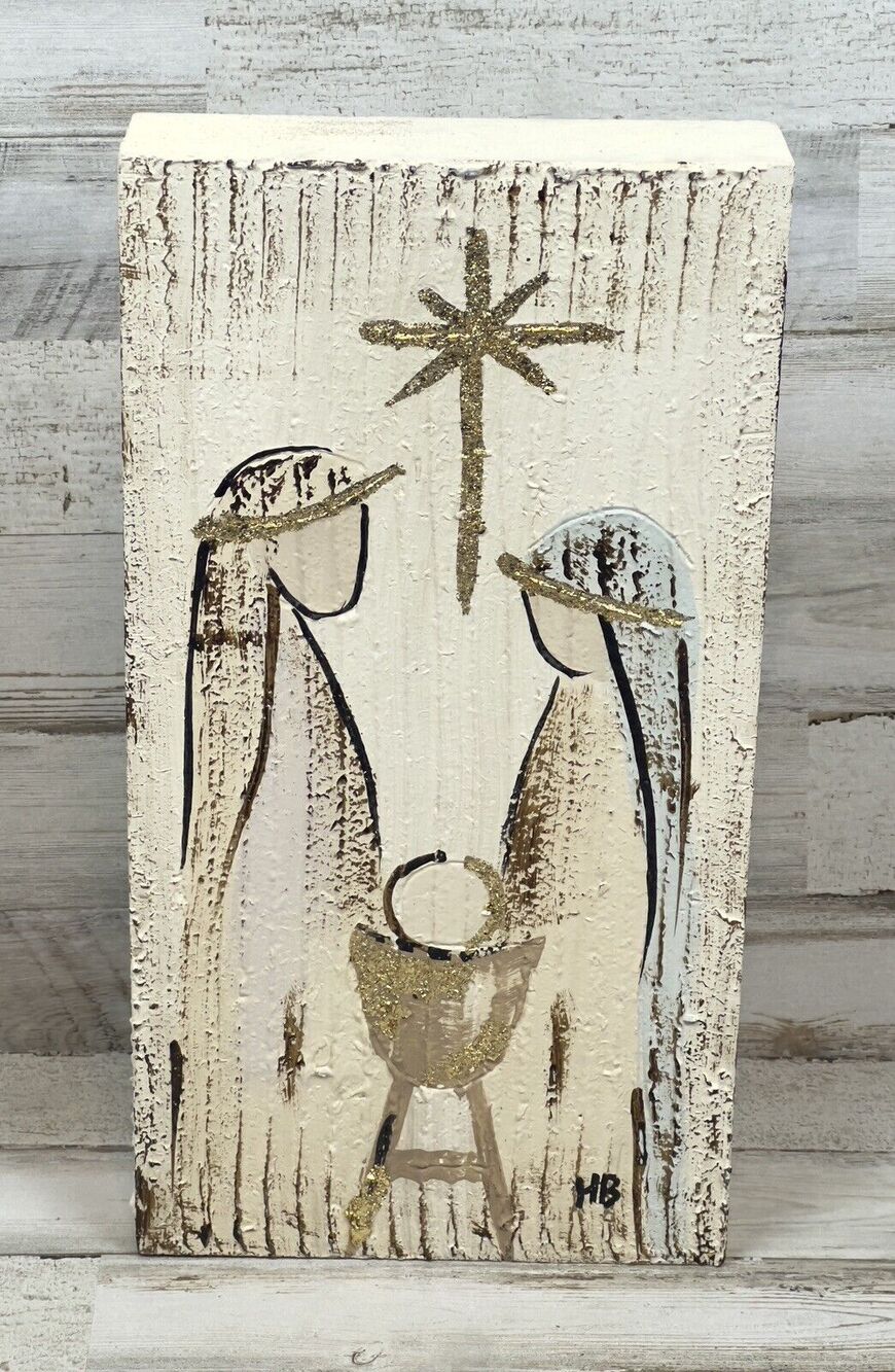 Handmade Nativity Manger Wood Block Folk Art Christmas Decor Rustic Religious